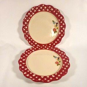 set of 2 RETIRED Temptations Red Gingham Garden bread salad dessert plates HTF!!